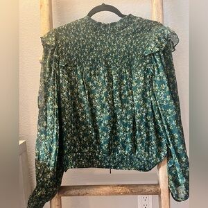 Free People Green Floral Back Tie Blouse Top